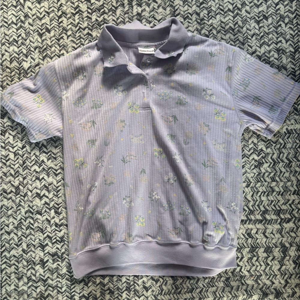 Vintage Embroidered Ribbed Women’s Lavender Purple Floral Polo Top Size Medium